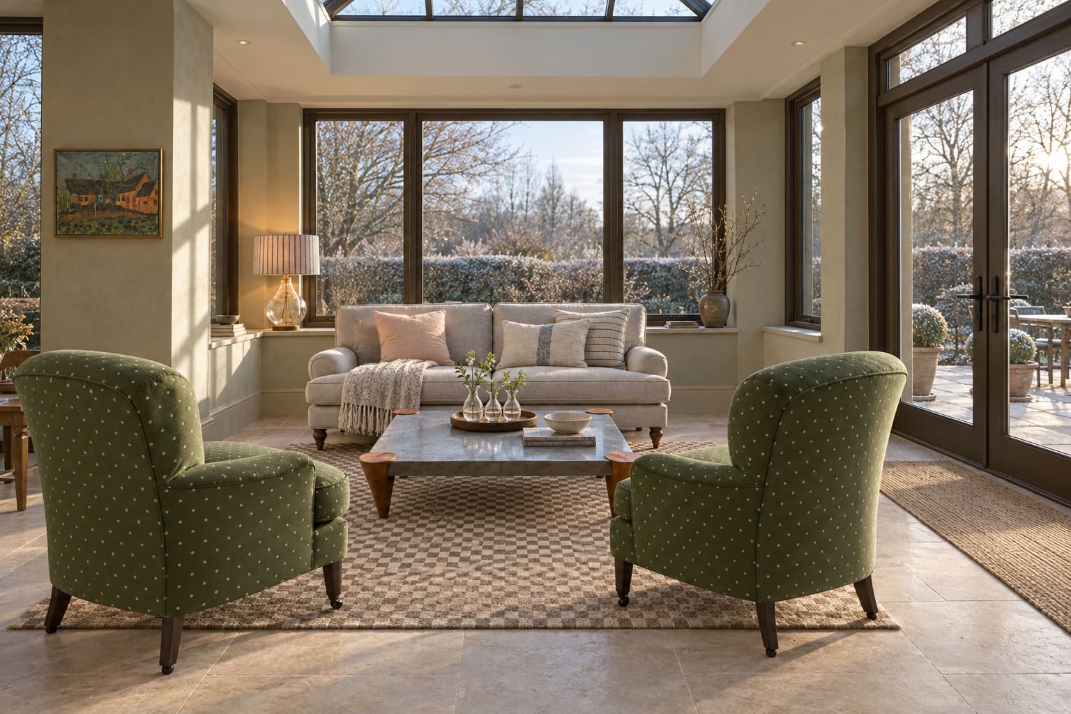 Pistachio winter orangery with pale sofa, green armchair, zinc-topped table and colourful checked rug beneath glazed rooflights.