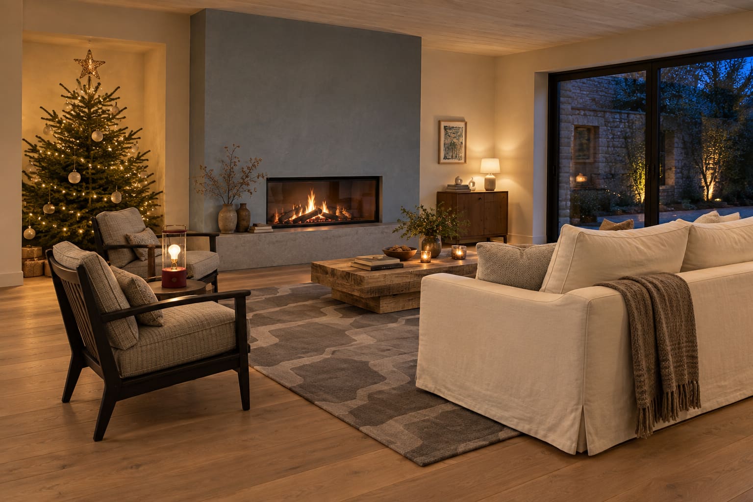 Modern country sitting room at Christmas, with a lightly decorated tree, pale sofa, grey tweed chair and small red portable lamp.