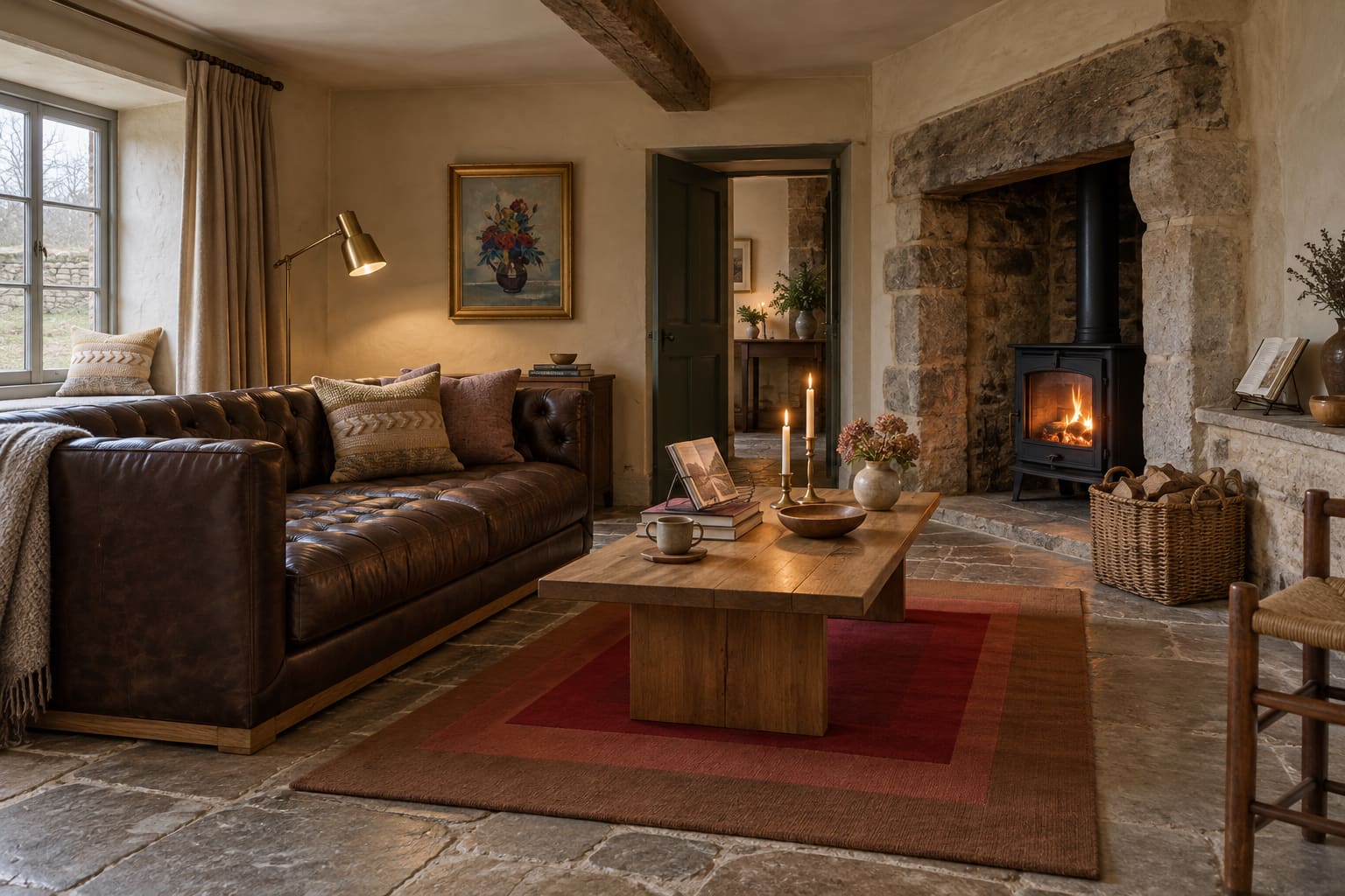 Stone cottage sitting room with a brown leather sofa facing a log burner, long timber coffee table and framed flower painting.