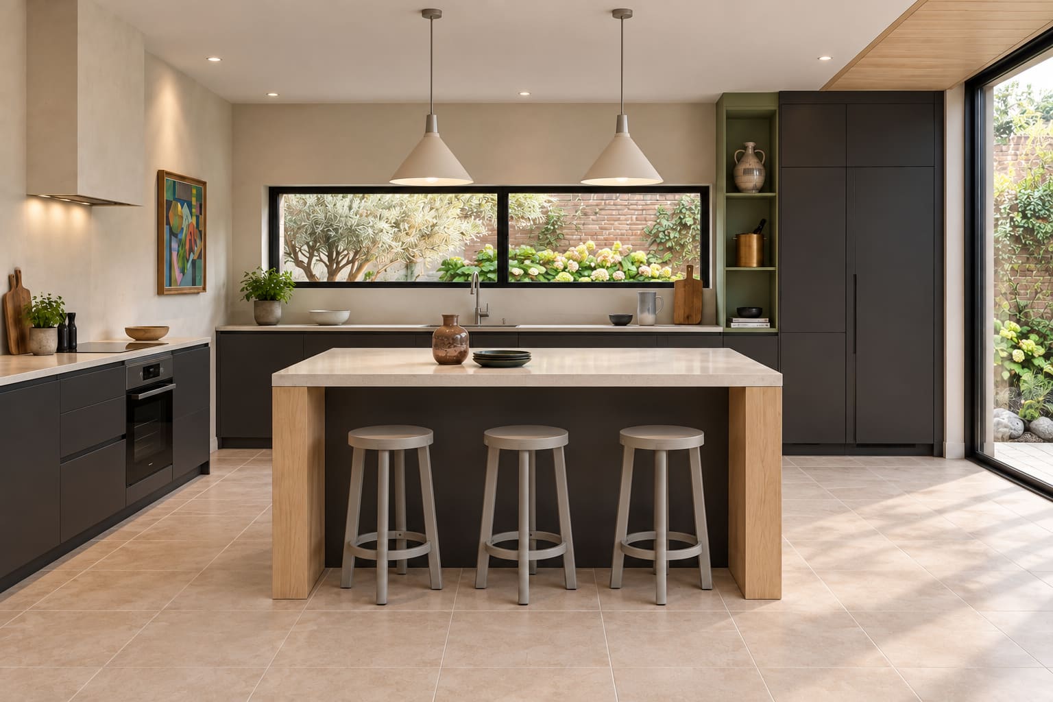 Black kitchen viewed square-on, with a maple island parallel to the rear cabinets, three grey stools and two white pendant lights beside garden glazing.