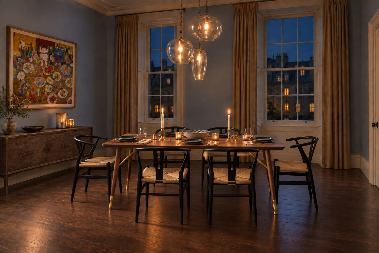 Periwinkle Georgian dining room after dark with walnut table, black wishbone chairs, glass pendant lights and candles.