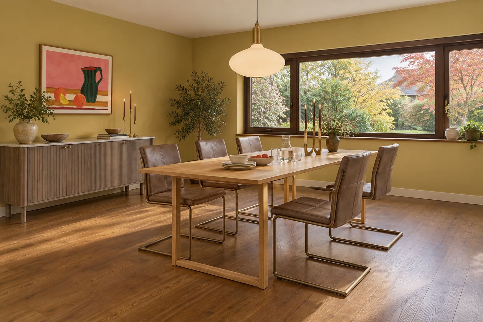 Citron dining room in a 1960s house with natural timber table, grey cantilever chairs and a green-jug still-life print.