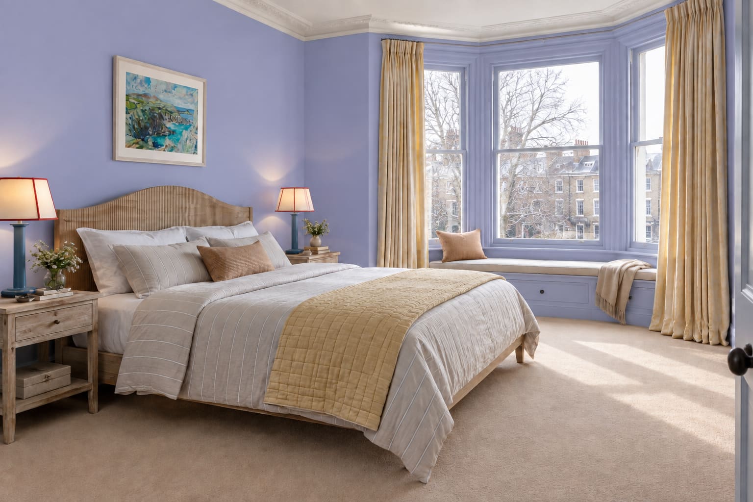 Periwinkle bedroom with timber bed, camel fitted carpet, blue bedside lamps and yellow quilt beneath a Cornish coastal print.