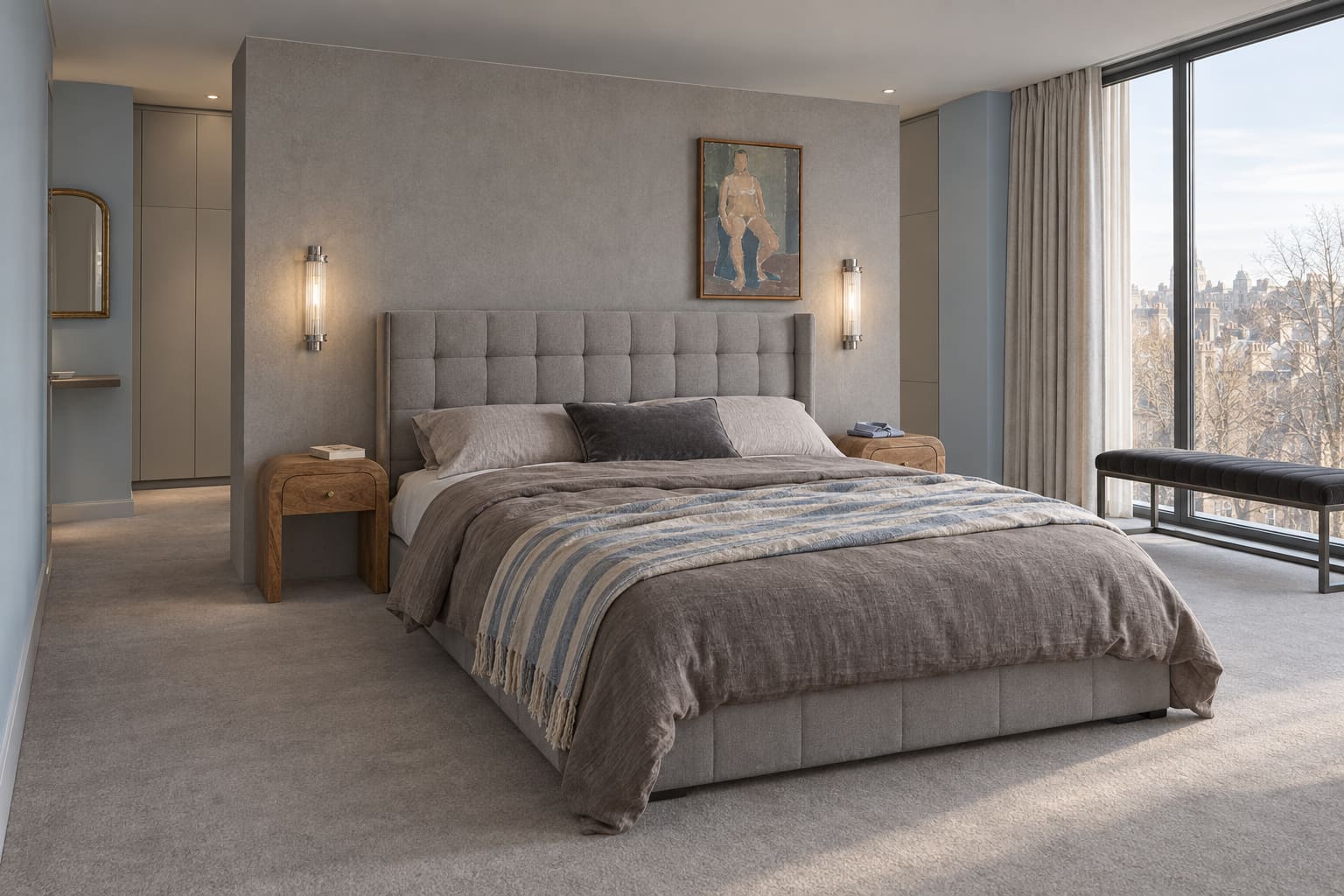 Refined grey bedroom with an upholstered king-size bed against a partition, a figurative print, a blue-striped throw and a separate dressing route.