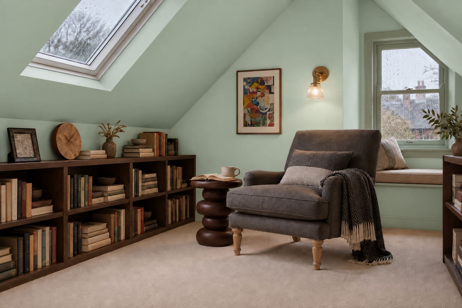 Mint reading room beneath sloping eaves, with a charcoal armchair, rounded brown table and a wall-mounted reading light.