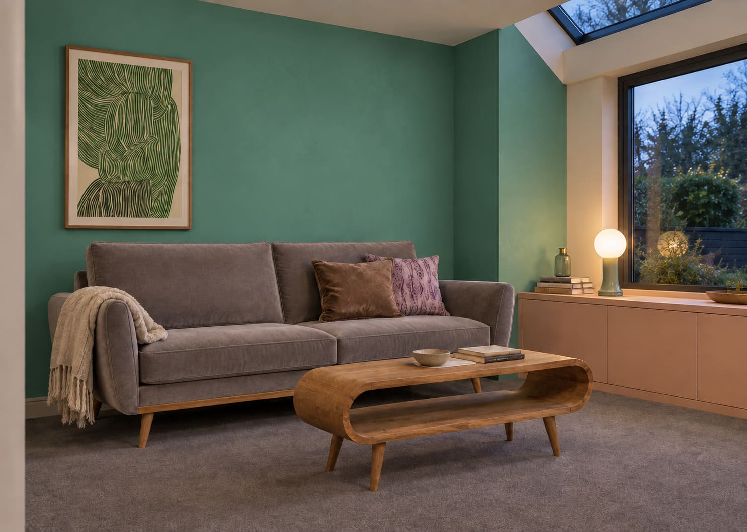 Jade snug with a grey velvet sofa, peach low cupboards, a compact wooden table and fluid green artwork.