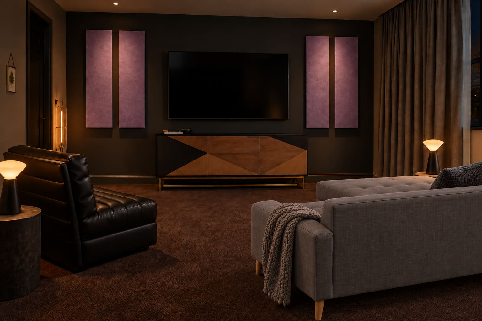 Charcoal media room with orchid wall panels and a grey corner sofa seen from behind, facing an unobstructed television.