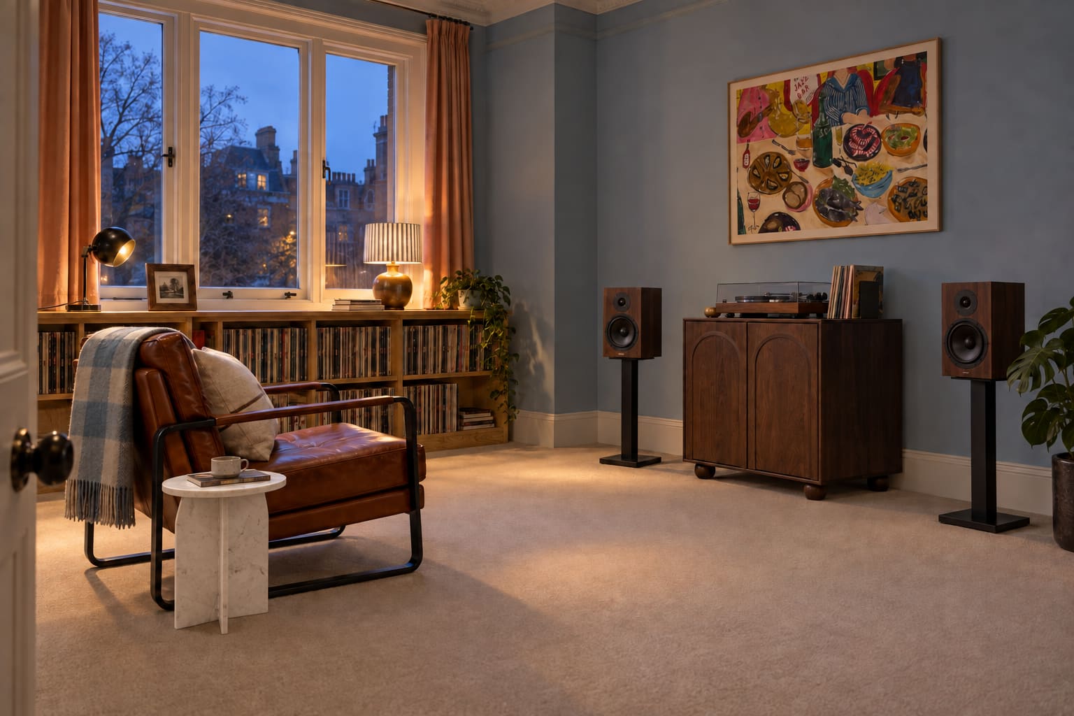 Cornflower listening room with brown leather chair, walnut storage, records and a framed jazz-bar print.