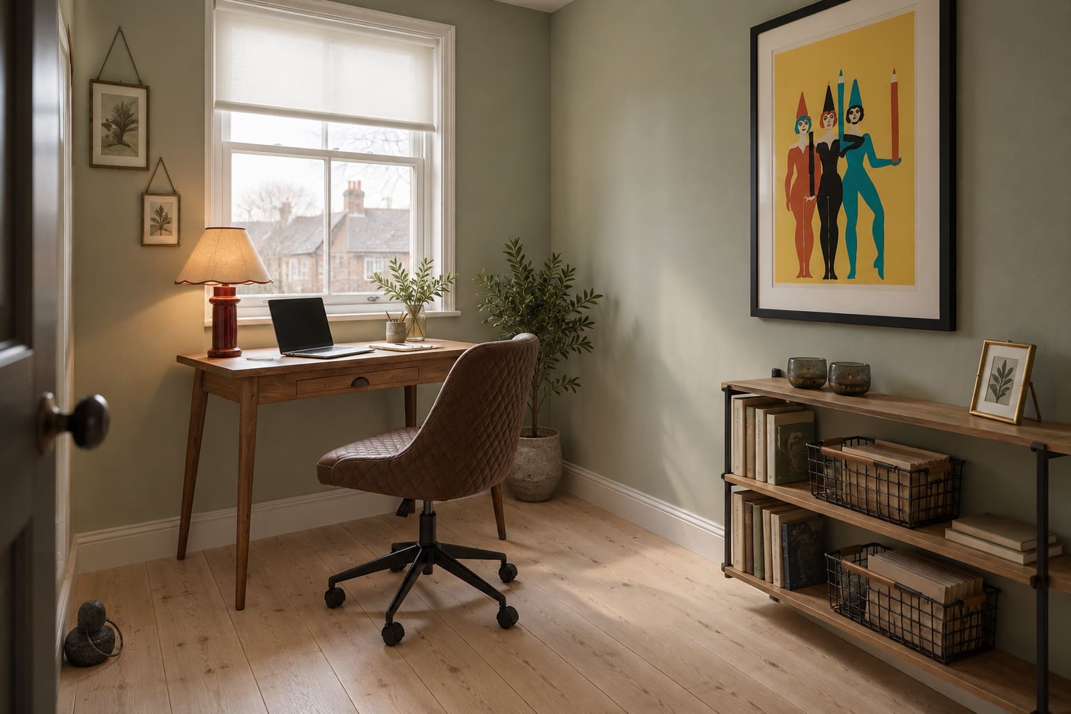 Compact celadon home office with a small wooden desk, brown adjustable chair, red desk lamp and graphic pencil print.
