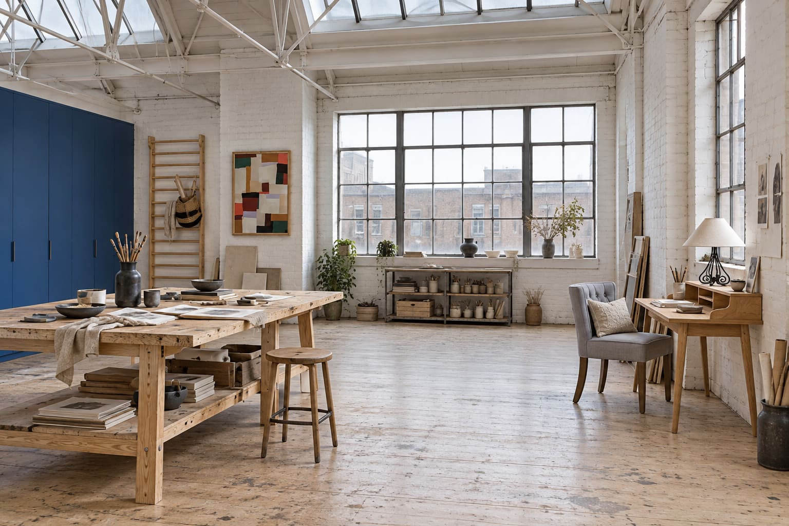 North-lit warehouse workspace with timber desk, grey chair, metal task lamp and a bold red print against white and ultramarine.