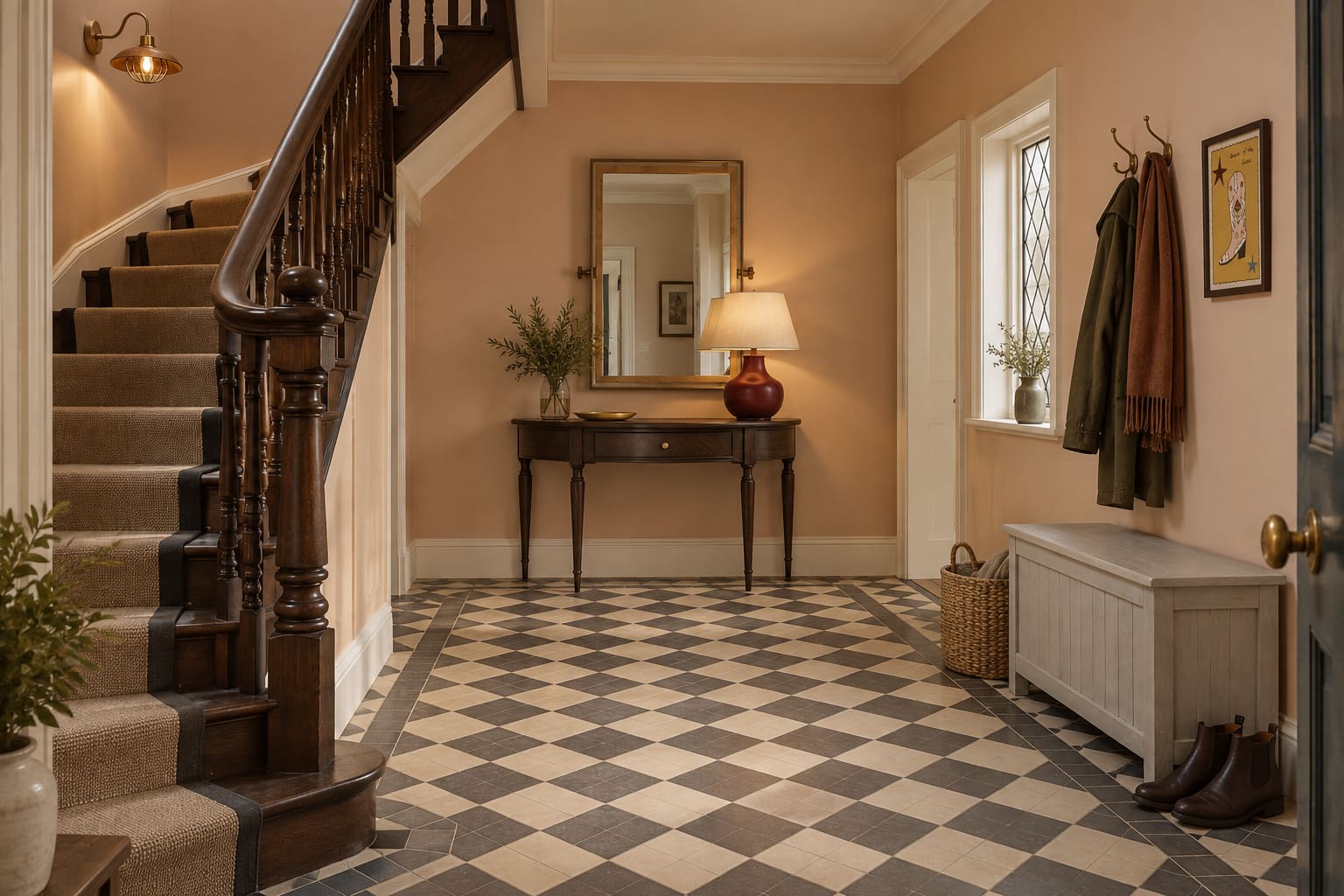 Apricot hallway with a curved console, practical storage bench, mirror and a light marking the end of the passage.