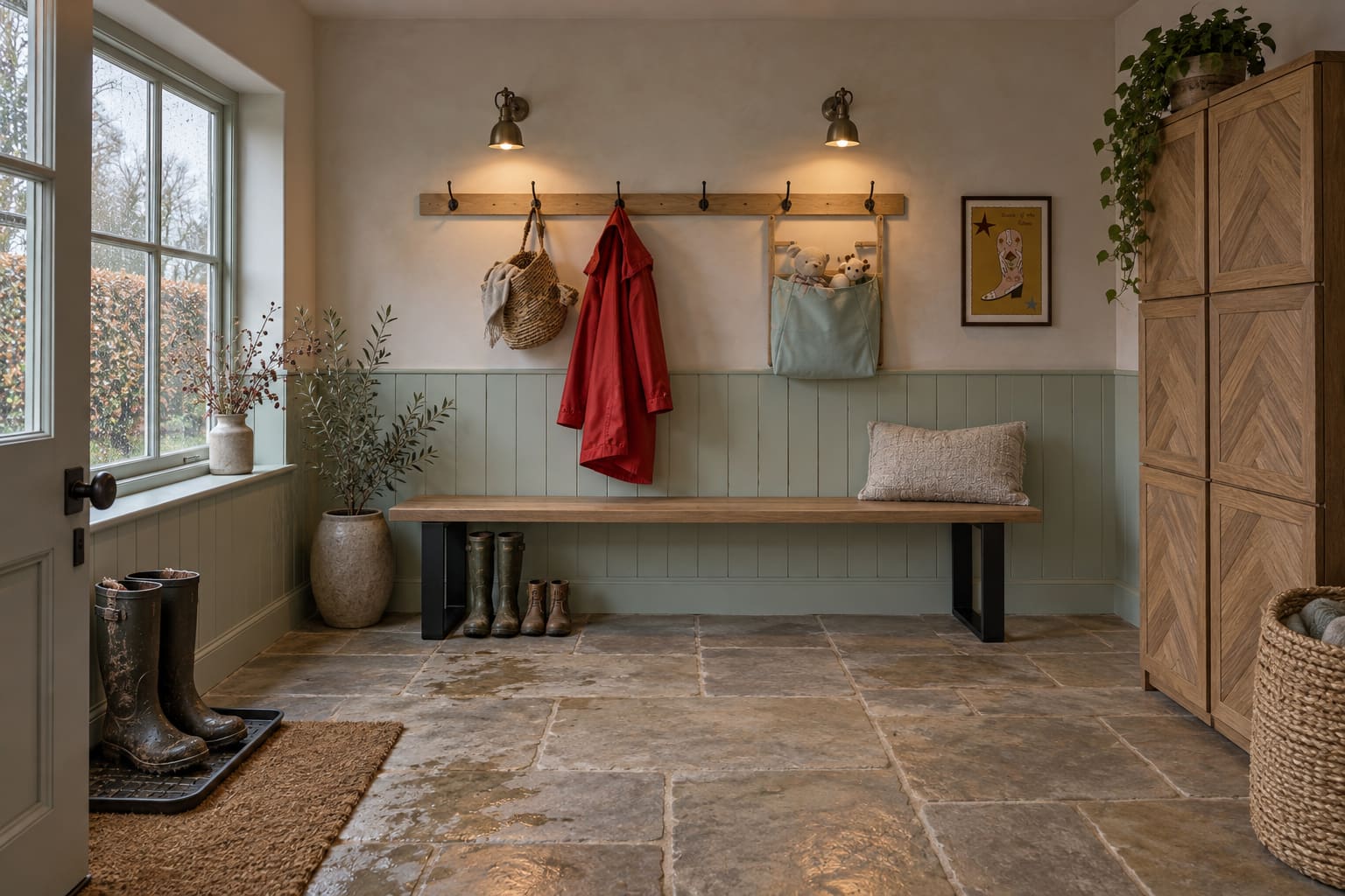 Mint country boot room with an oak bench, tall timber storage, wall hooks and a clear route through the entrance.