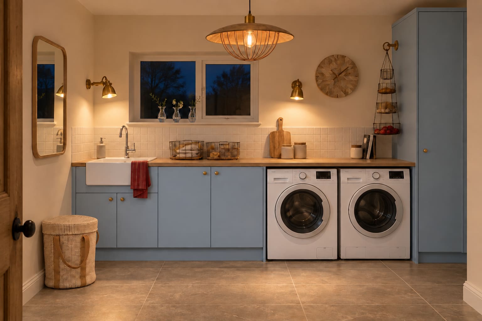 Silver-blue utility room after dark with timber-toned joinery, laundry baskets and focused light above the work surface.