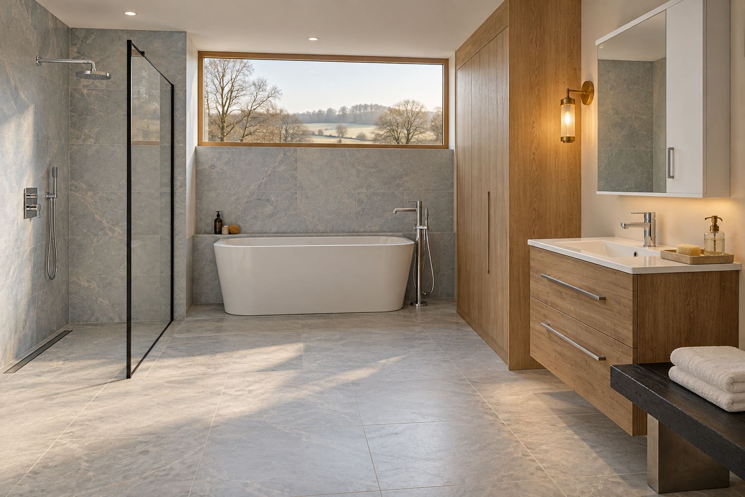 Architect-designed bathroom with pale timber in the dry area, ice-blue surfaces, glazed shower and white bath.