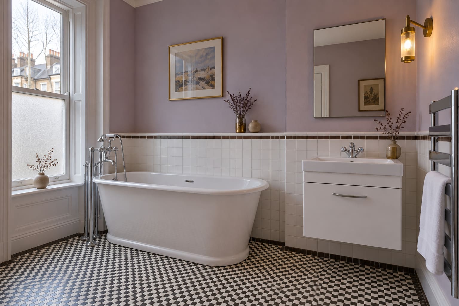 Lilac bathroom with white freestanding bath, compact vanity, polished fittings and useful mirror lighting.