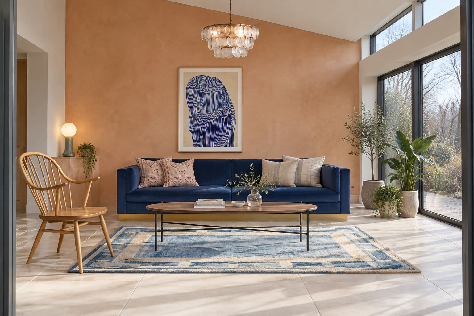 Apricot winter garden room with a deep-blue velvet sofa, timber chair, patterned rug and blue artwork.