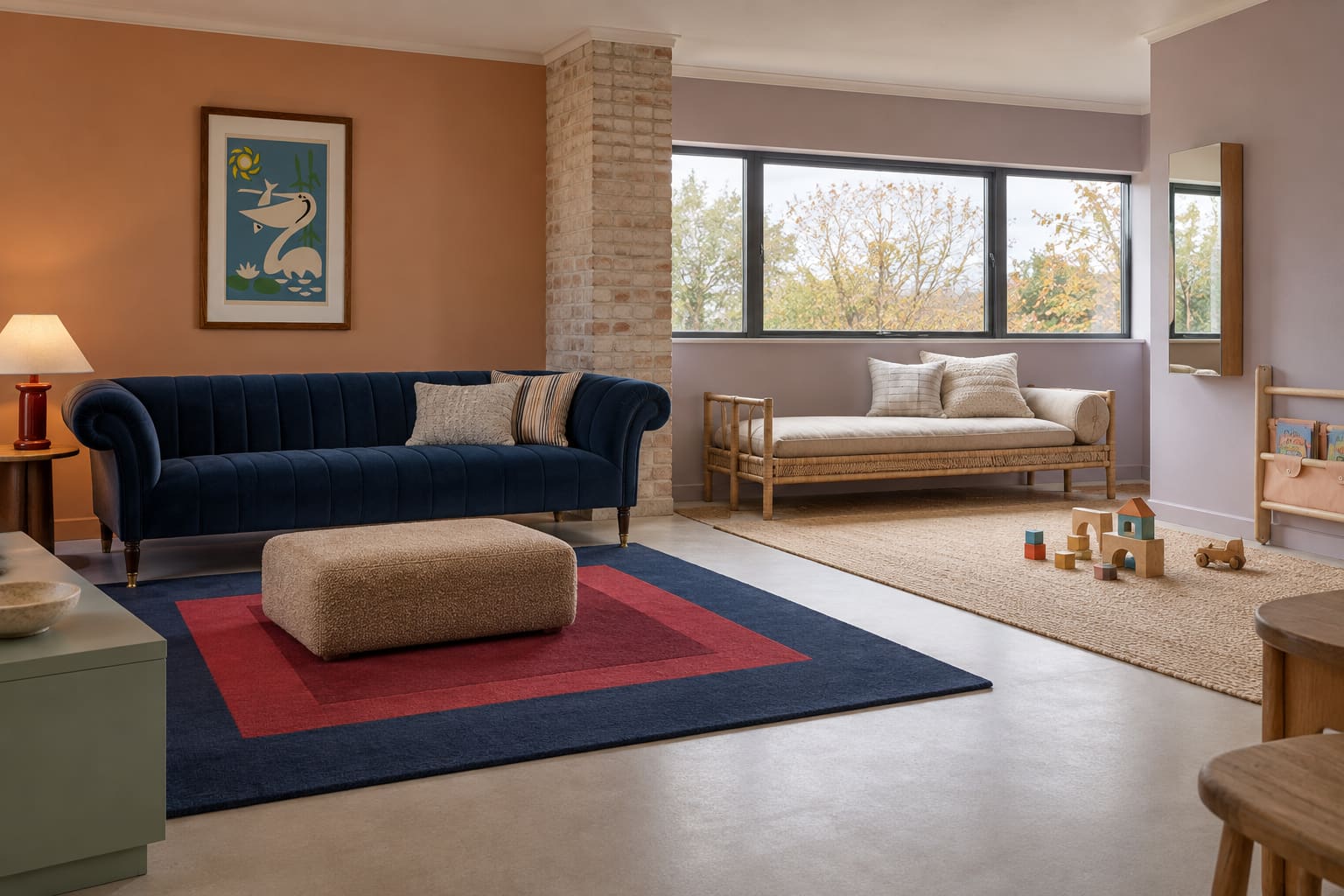 Colour-led family room with midnight-blue sofa, timber daybed, colourful rug and accessible wall-mounted book storage.