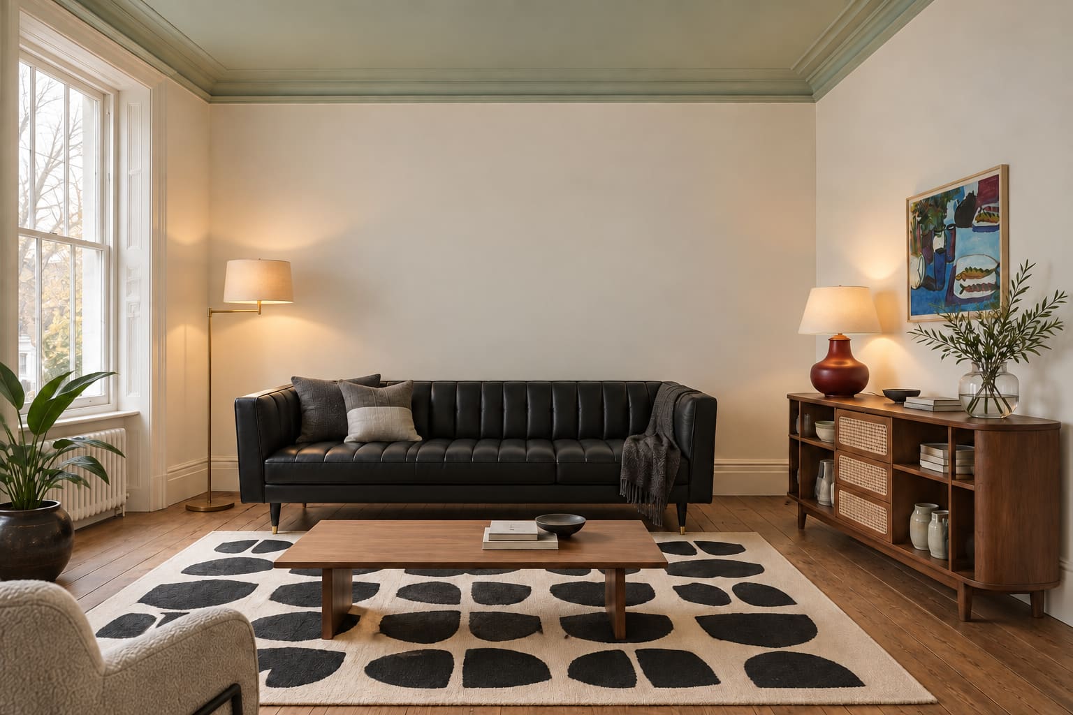 Modernised Victorian sitting room with walnut furniture, a pale celadon ceiling and a red table lamp.