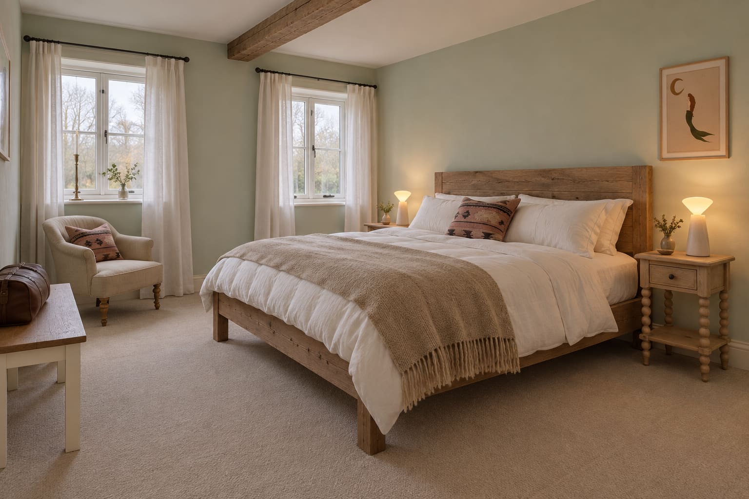 Mint cottage guest room with reclaimed timber bed, oatmeal carpet and a small mulberry textile accent.