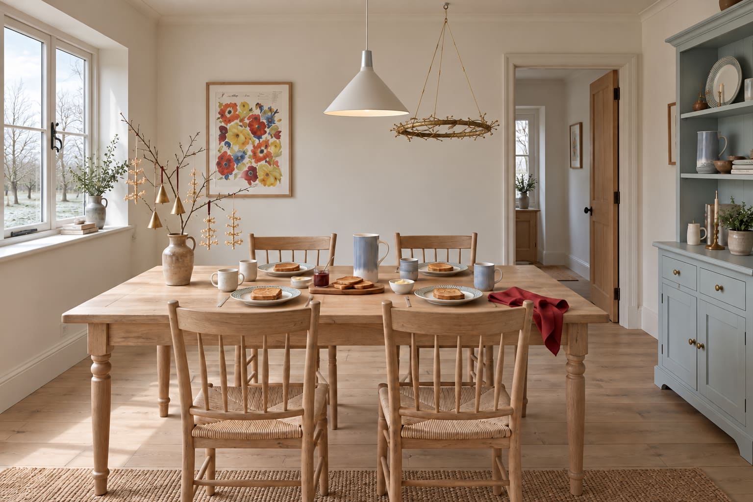 December breakfast room with an oak table, pale-blue ceramics and a brass wreath suspended from a ceiling hook.