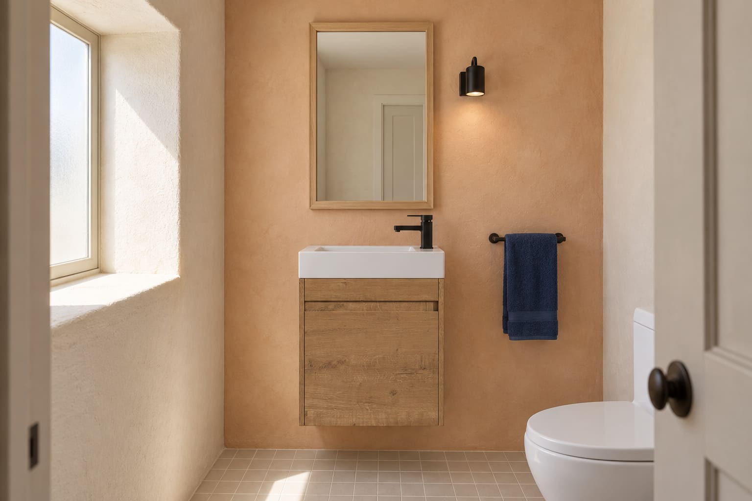 Small peach powder room with a deep frosted window reveal, compact woodgrain basin cabinet and pale rectangular mirror.