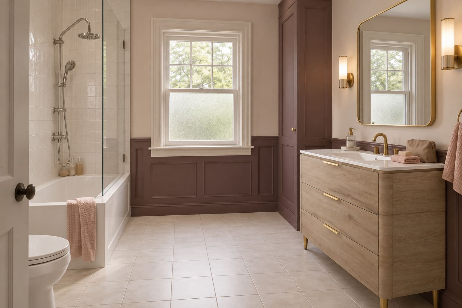Guest bathroom with plum-brown paneling, an oak-grain vanity, gold rectangular mirror and an alcove tub-shower.