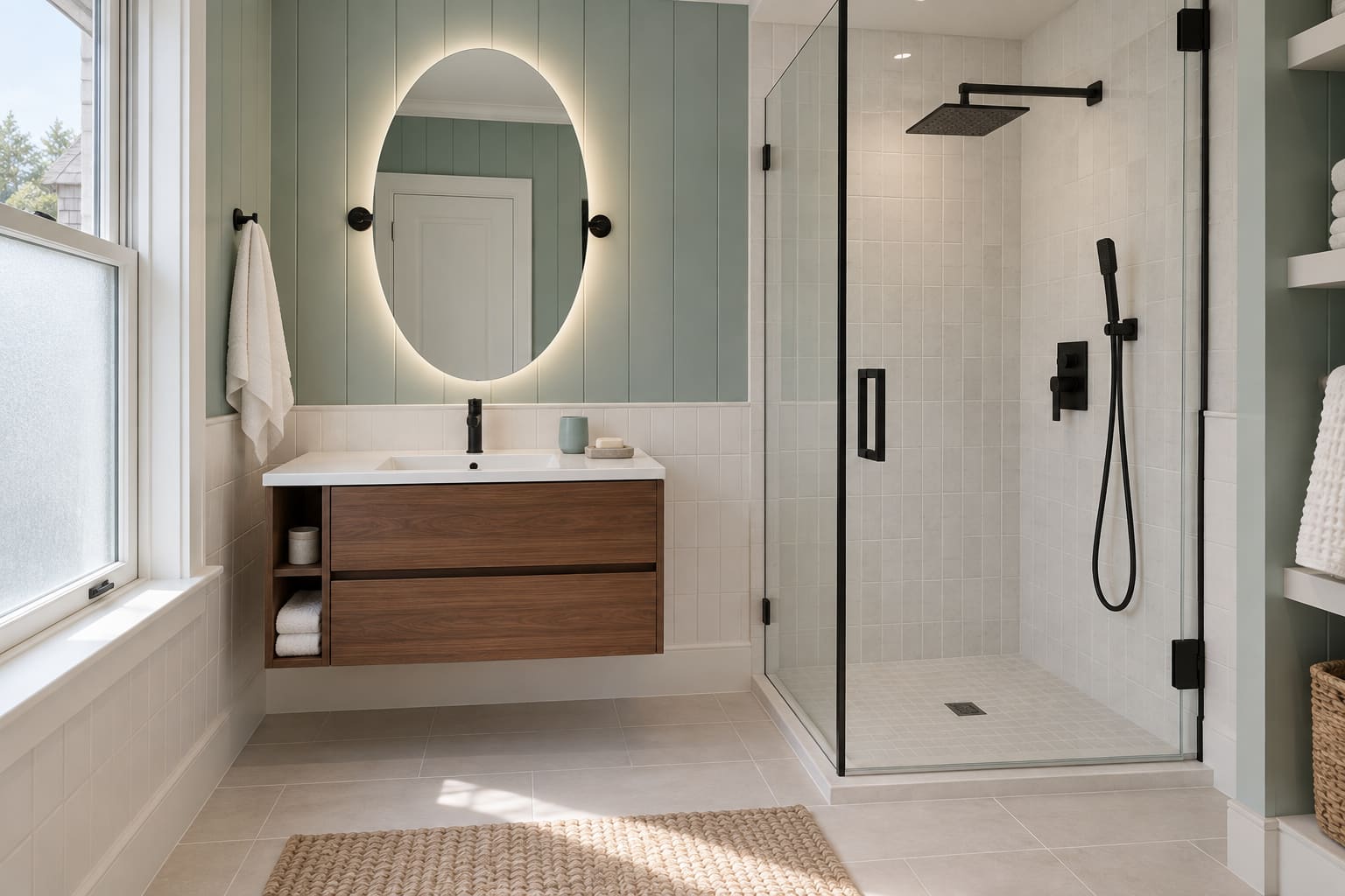 Green-paneled guest bathroom with a brown woodgrain floating vanity, oval mirror and black-fitted glass shower.