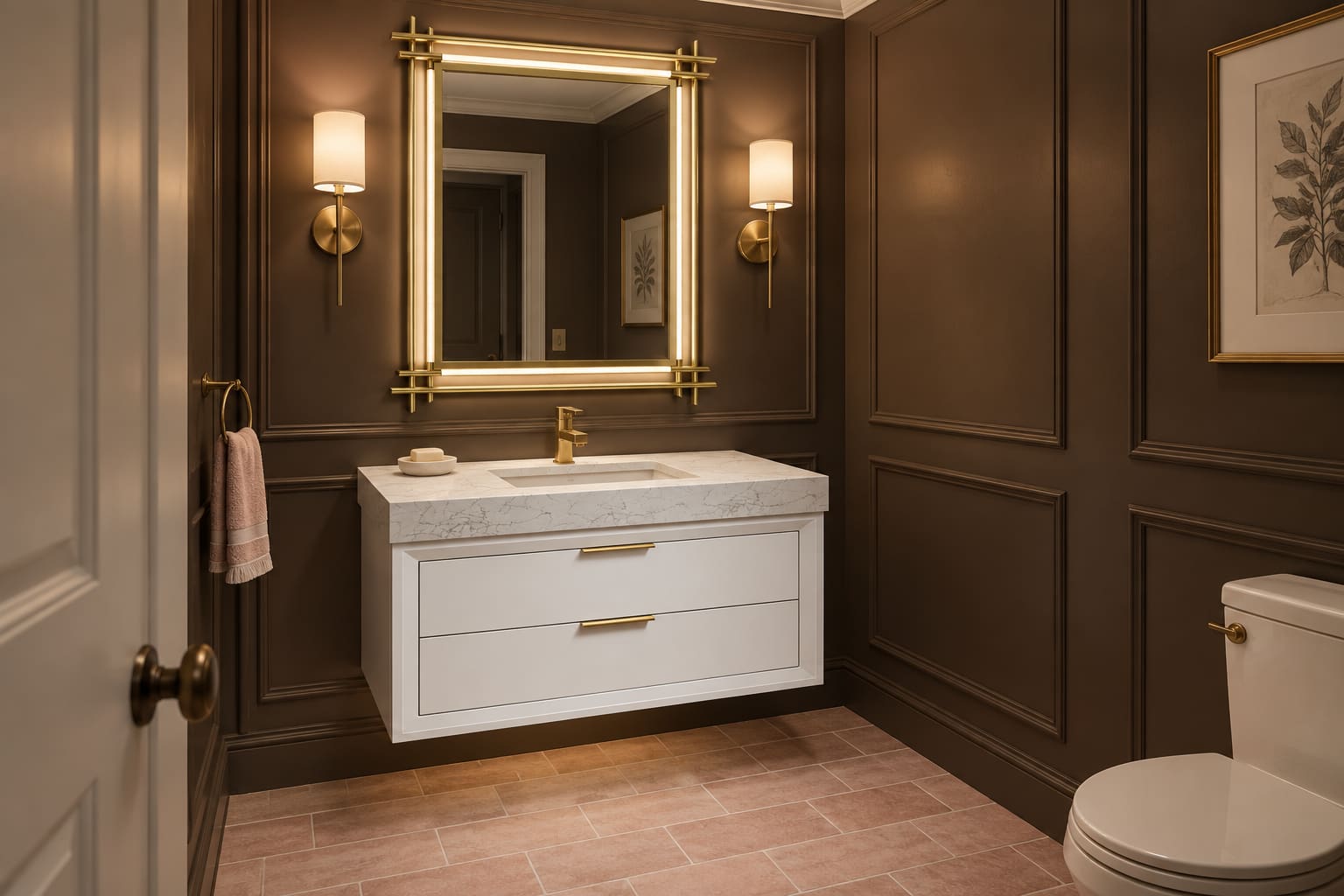 Chocolate-paneled powder room with a white floating vanity, gold geometric mirror and pink floor tiles.