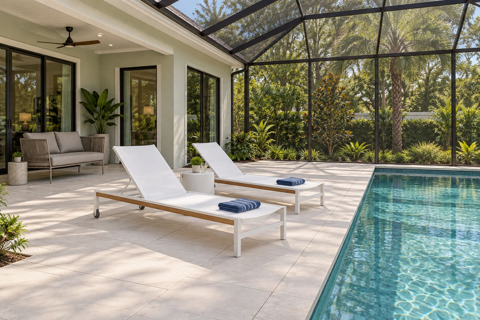 Screened pool enclosure with two white loungers, a small white side table and a gray loveseat beneath the house roof.