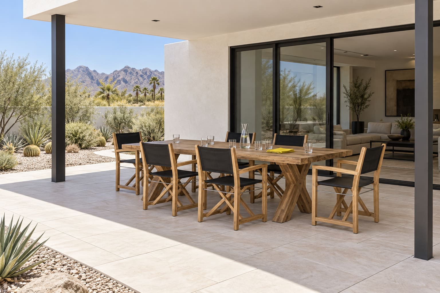 Roofed desert dining terrace with a reclaimed teak trestle table, six black-panel folding chairs and a yellow linen accent.