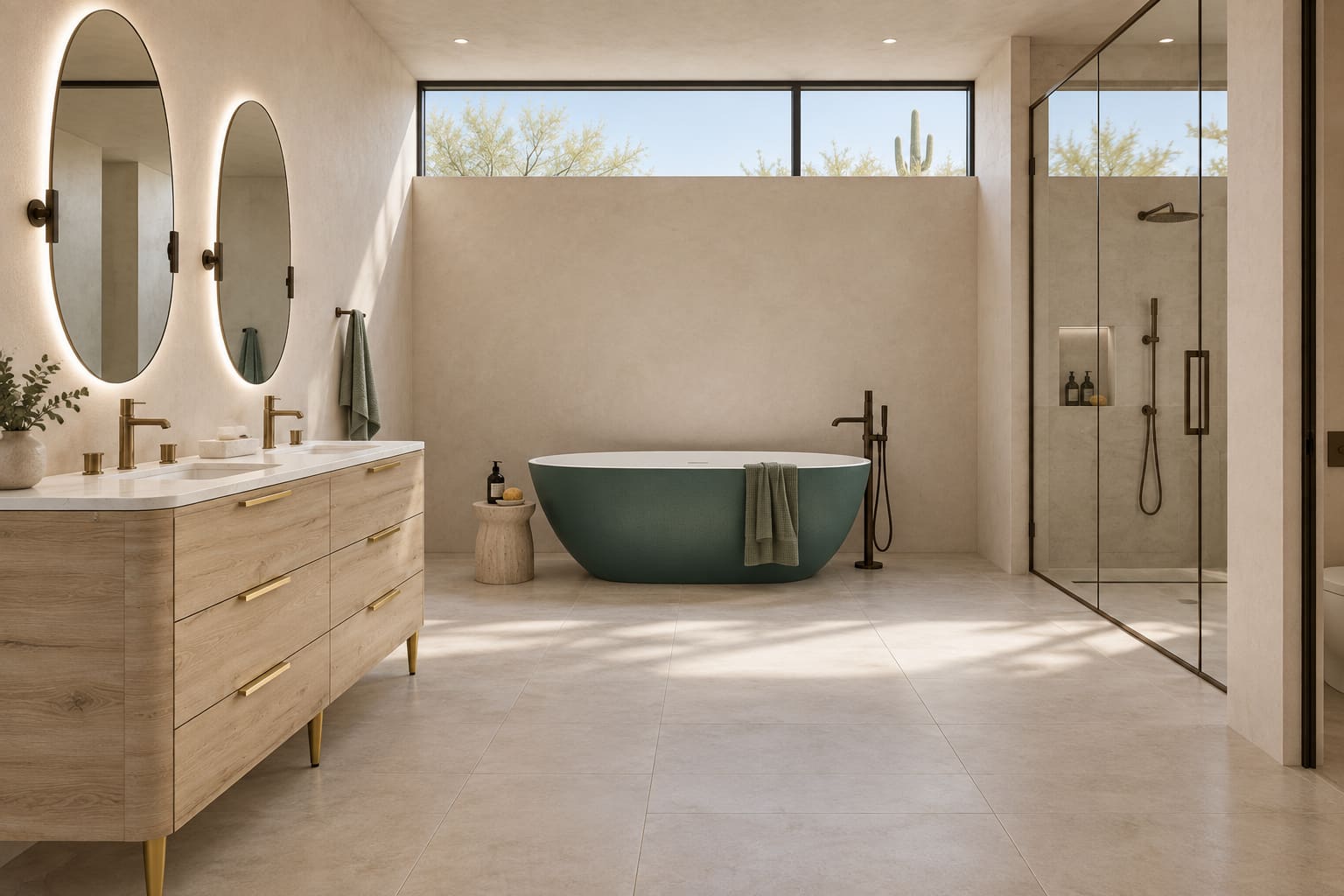 Sand-colored bathroom with high clerestory glazing, an avocado-green tub, pale woodgrain double vanity and two oval mirrors.