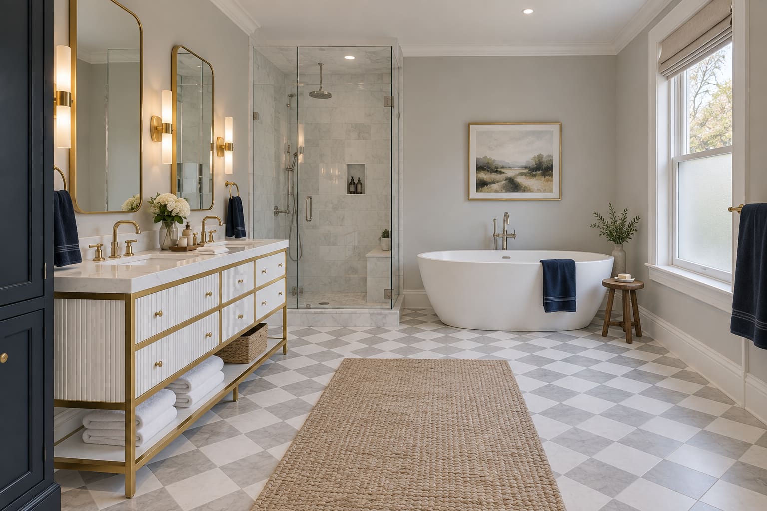 Pale primary bathroom with a white fluted double vanity, paired gold mirrors, oval tub and separate glass shower.