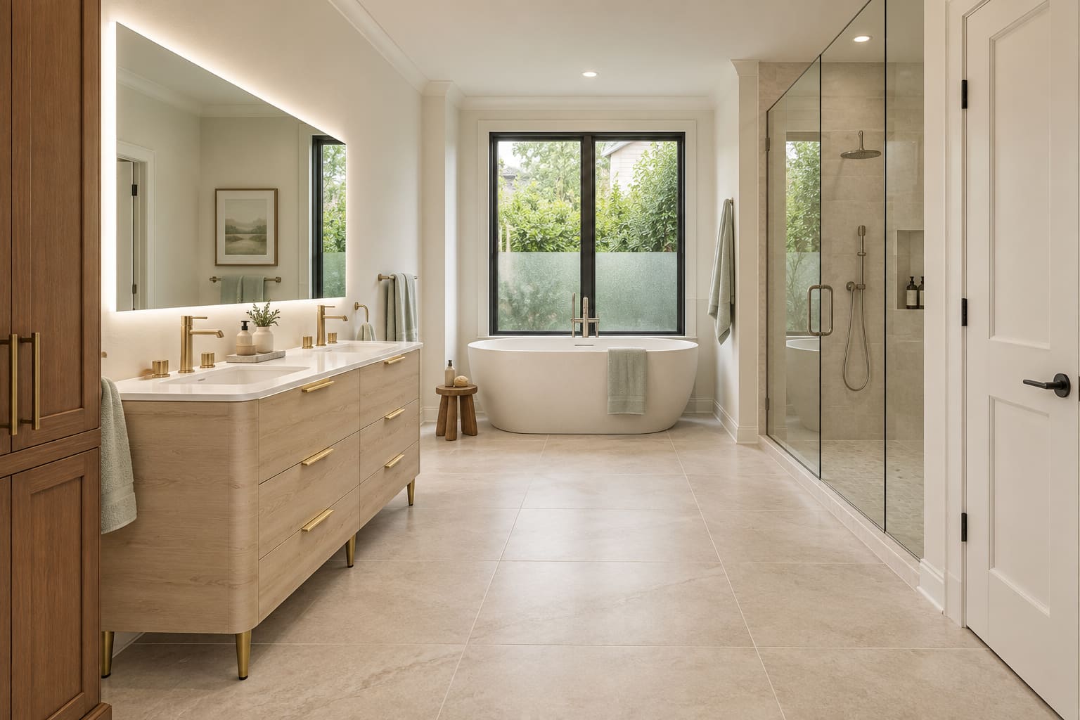 Primary bathroom with a pale woodgrain double vanity, coffee-colored oval tub, privacy glazing and a separate glass shower.