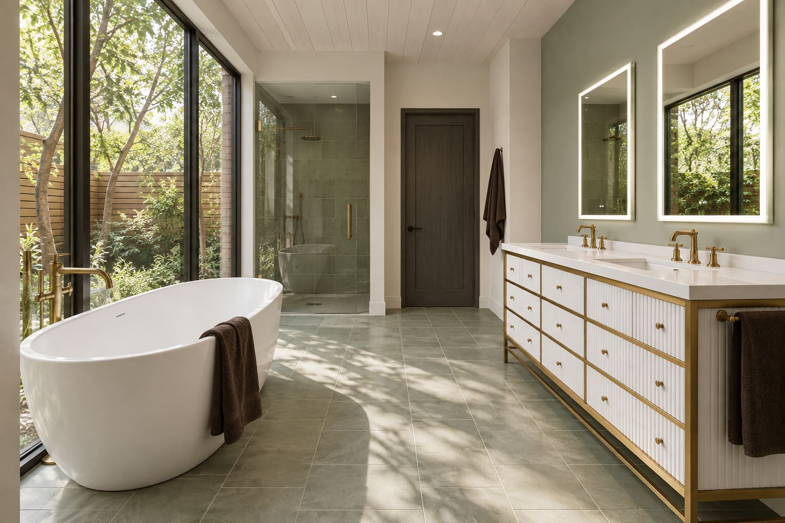 Garden-facing bathroom with a white oval tub beside screened glazing, a fluted double vanity and paired backlit mirrors.