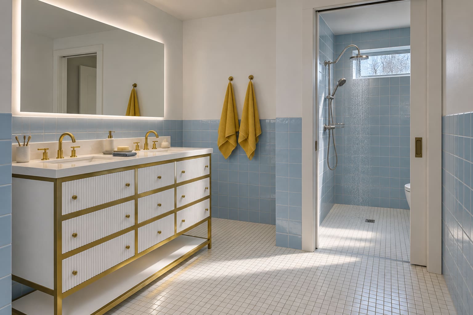 Blue-tiled family bathroom with a white double vanity, wide illuminated mirror and a separate shower-and-toilet compartment.