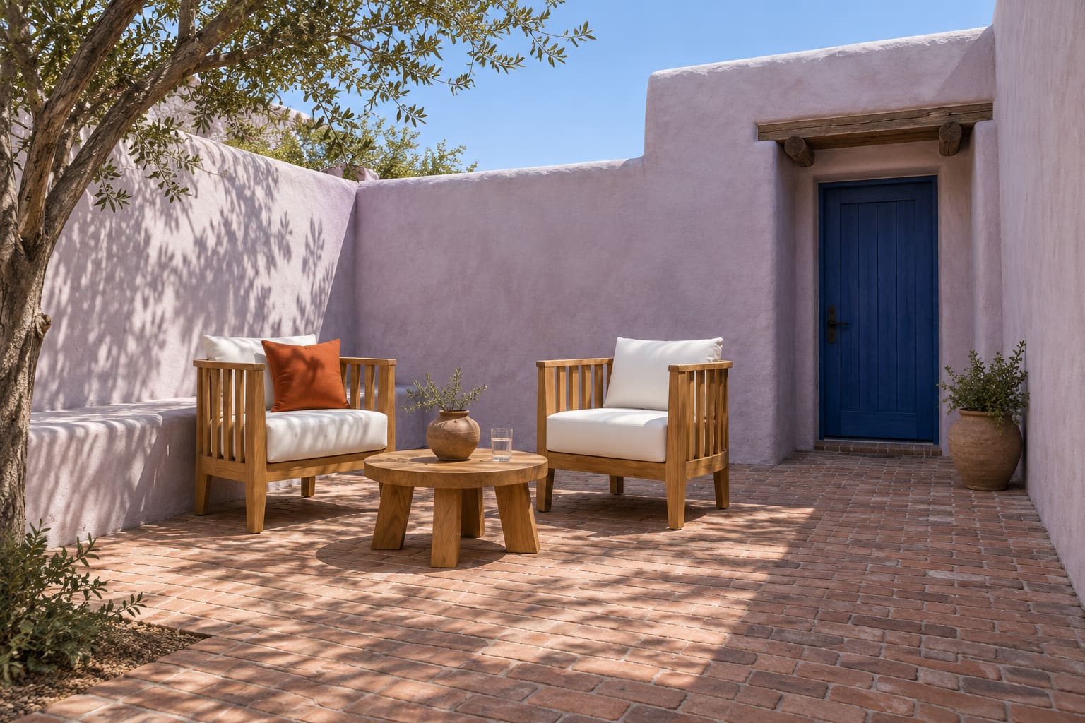 Lilac-walled courtyard with a blue recessed door, built-in bench, two teak tub chairs and an orange cushion.