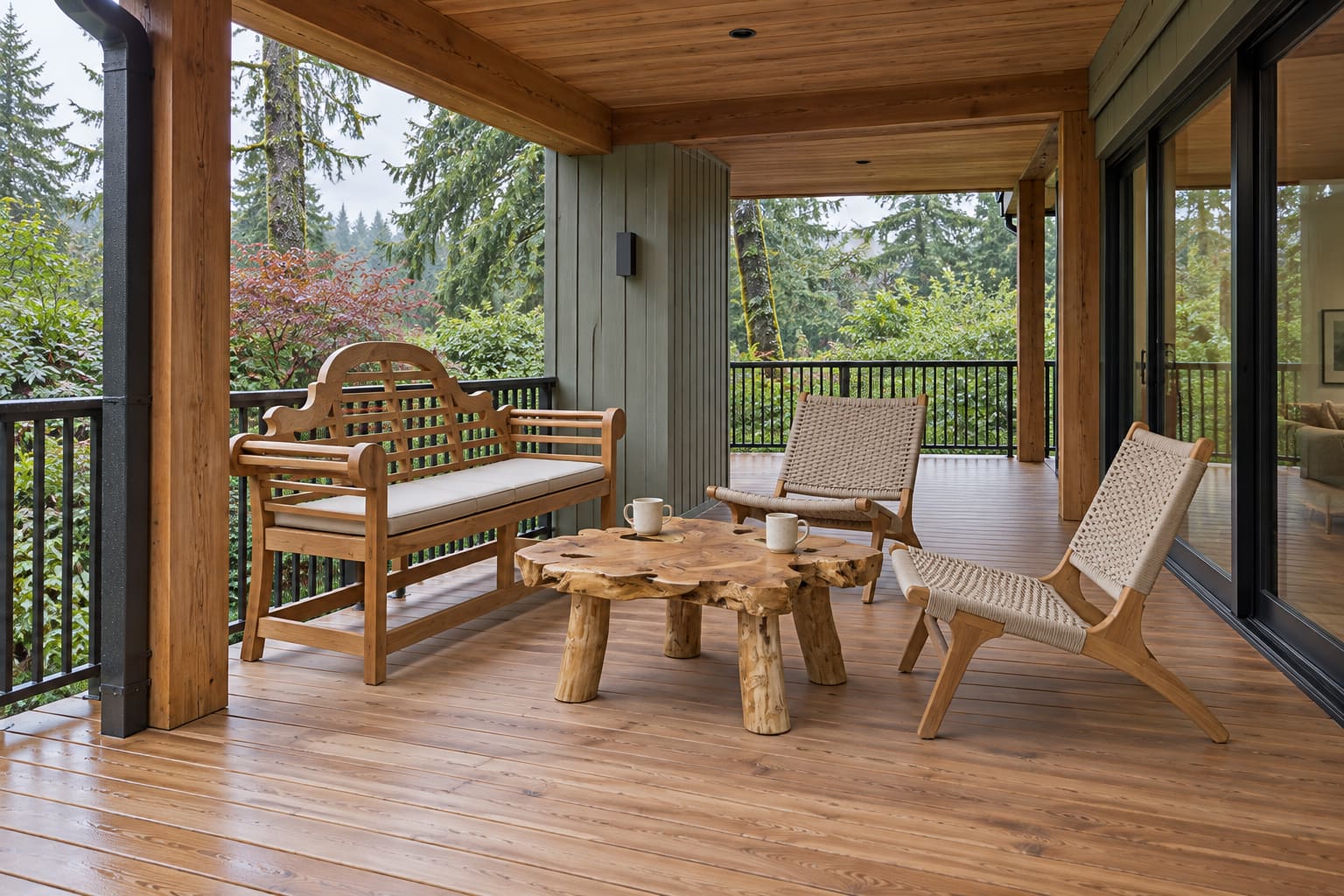 Covered cedar deck with a curved teak bench, two cream rope chairs and an organic root-wood table beside a dark guard.