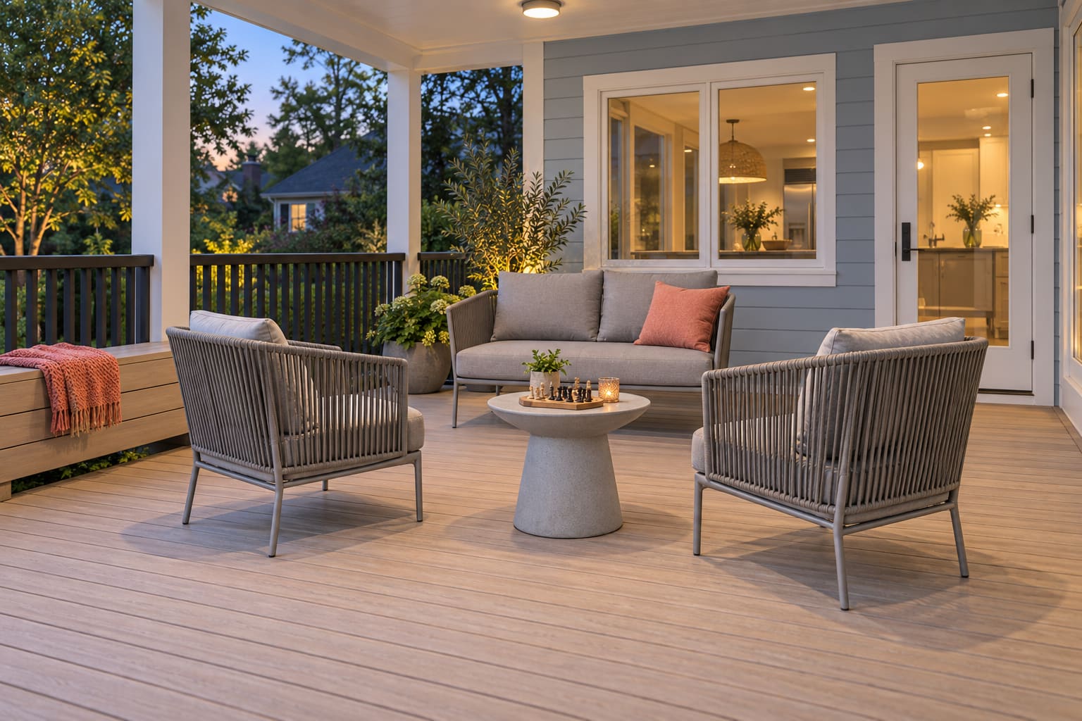 Covered deck beside a blue house with gray rope seating, a small round game table and a timber bench.