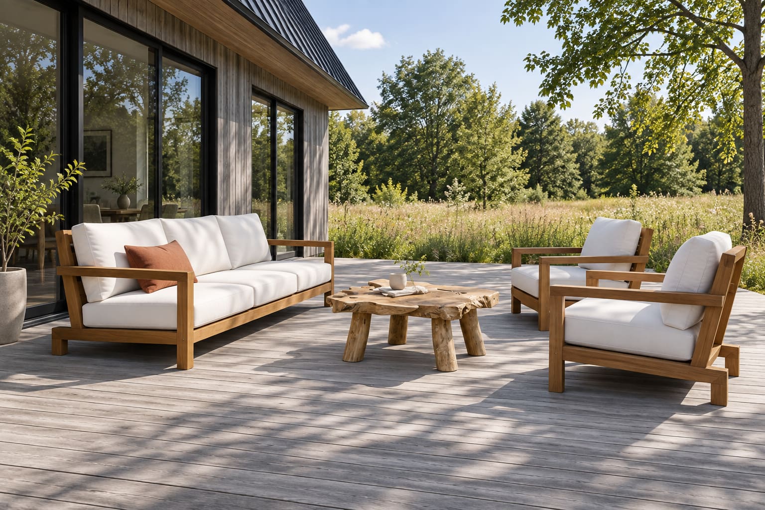 Broad timber deck with a low teak sofa, two matching lounge chairs and an irregular root-wood table facing a meadow.