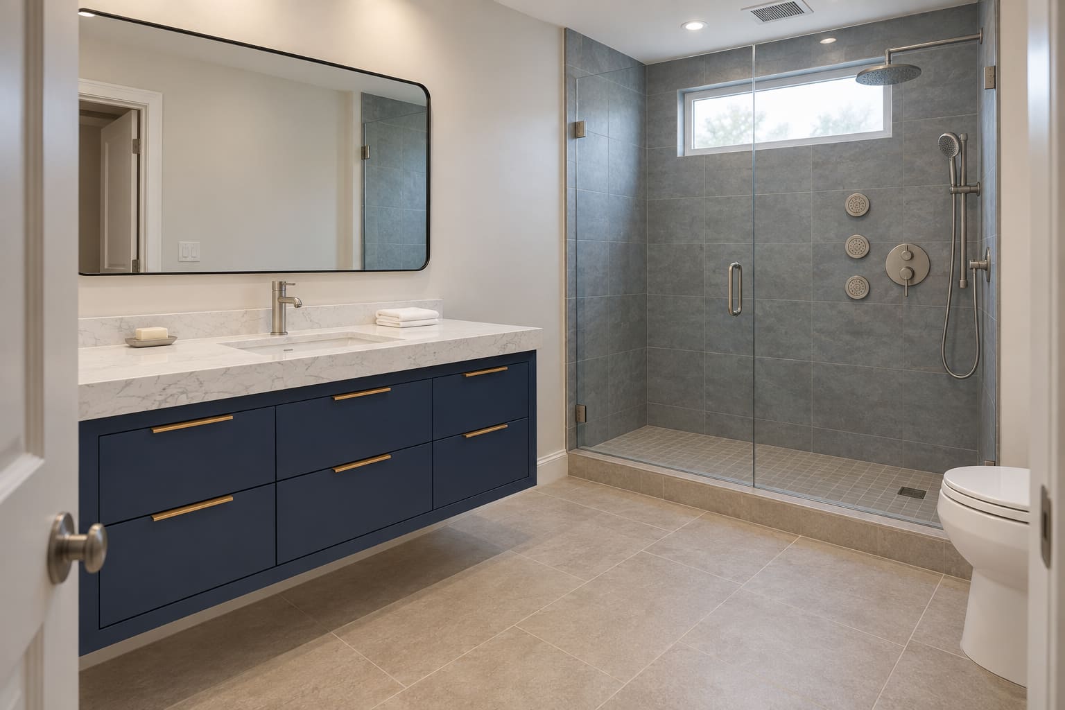Sand and blue-gray guest bathroom with a navy floating vanity, black rectangular mirror and nickel-fitted shower.
