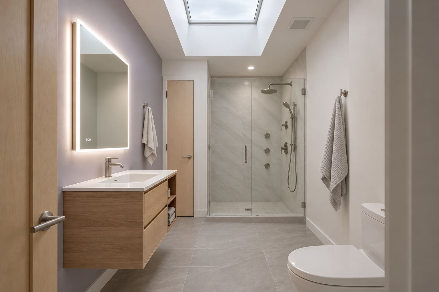 Rooflit violet guest bathroom with a woodgrain floating vanity, illuminated mirror and a nickel-fitted glass shower.