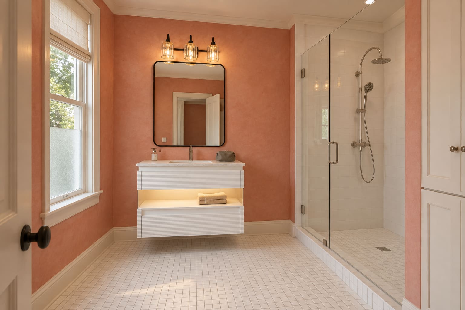 Coral guest bathroom with a white floating vanity, black-framed mirror, three glass-shaded lights and a separate shower.