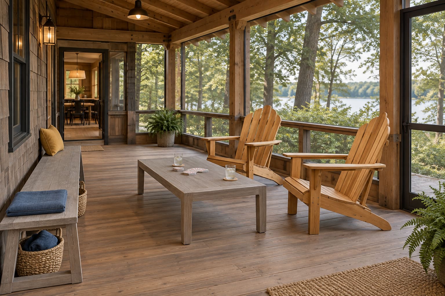 Screened lakeside porch with two teak Adirondack chairs, a long weathered bench and a rectangular coffee table.
