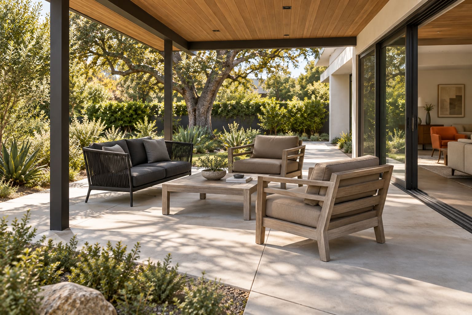 Midcentury covered patio with a graphite rope loveseat, weathered teak chairs and open sliding doors to a living room.