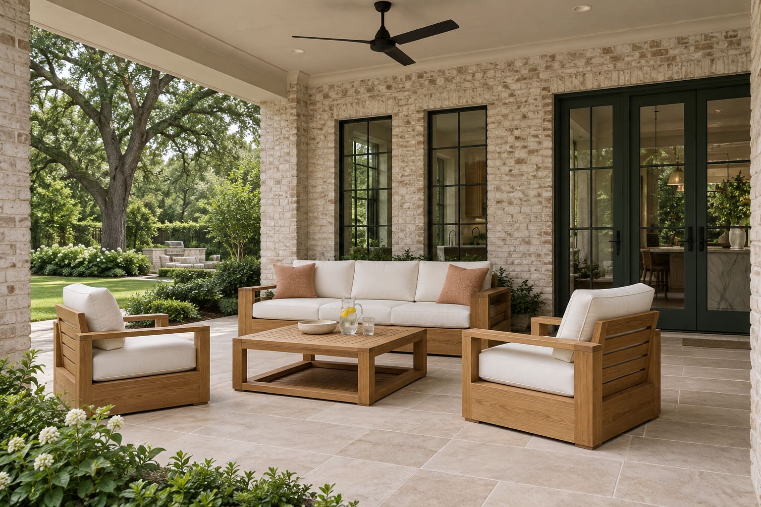 Deep roofed brick patio with emerald doors, substantial teak seating and white cushions around a square table.