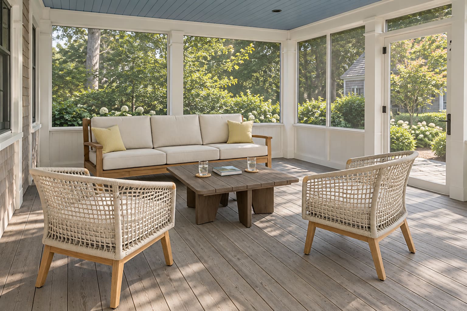 Screened porch with a blue board ceiling, teak sofa, two cream rope chairs and a low square timber table.