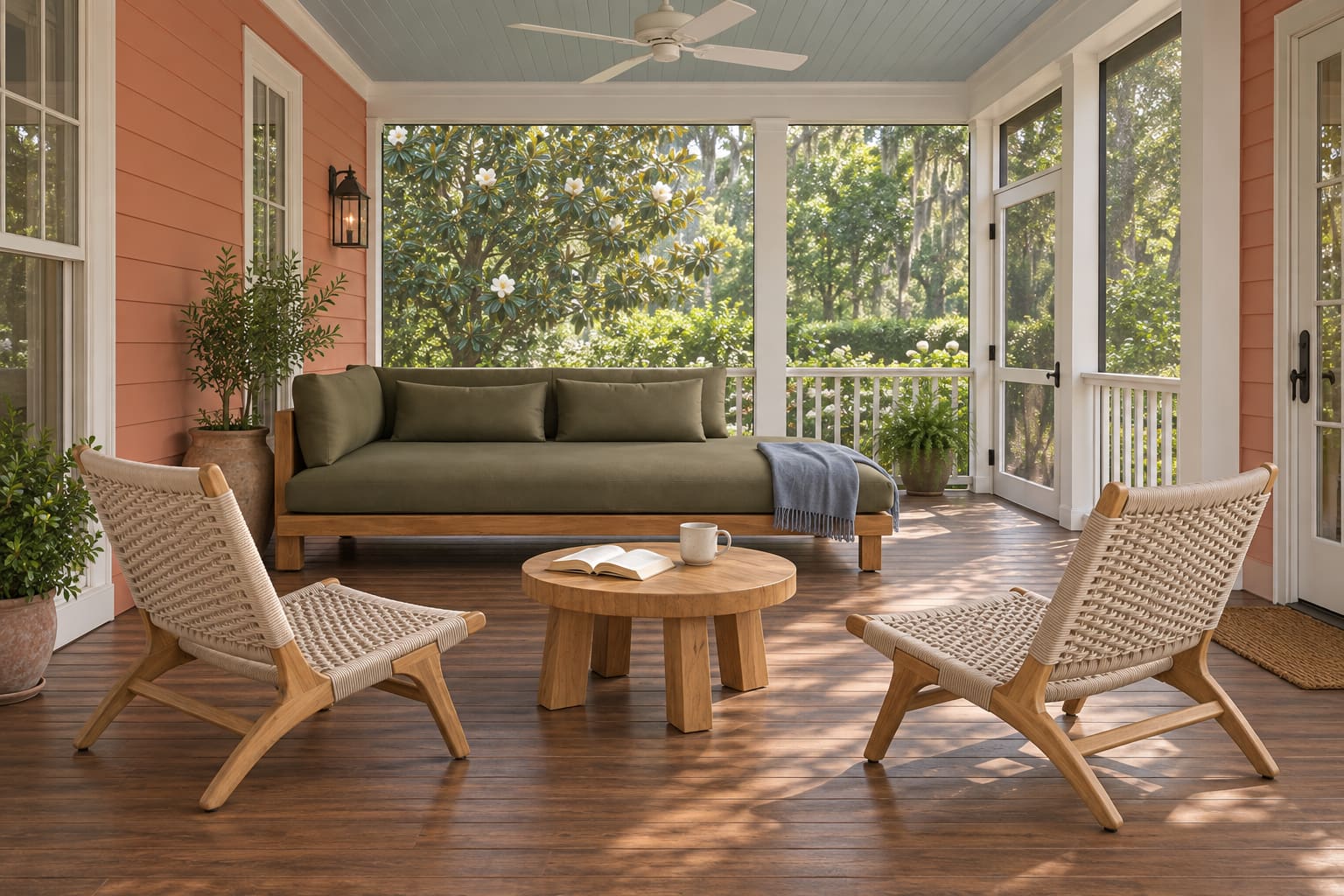 Coral screened porch with a blue-gray ceiling, olive daybed, two cream rope chairs and a small round teak table.