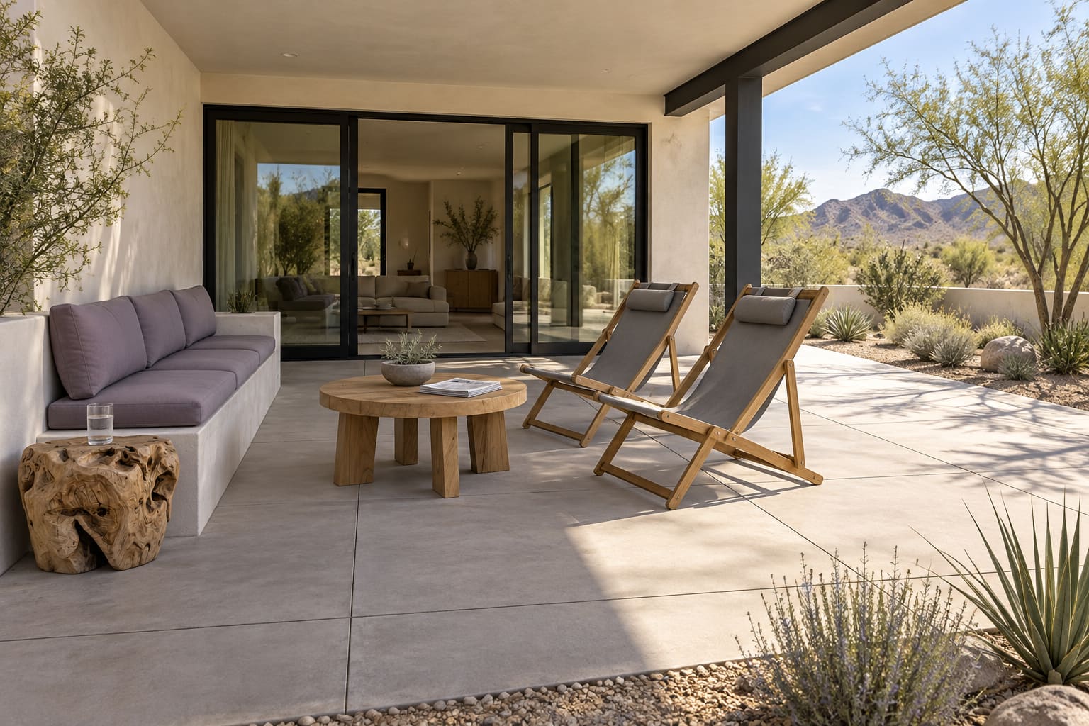 Shaded desert patio with a violet-cushioned built-in bench, two teak sling chairs and a round timber table.