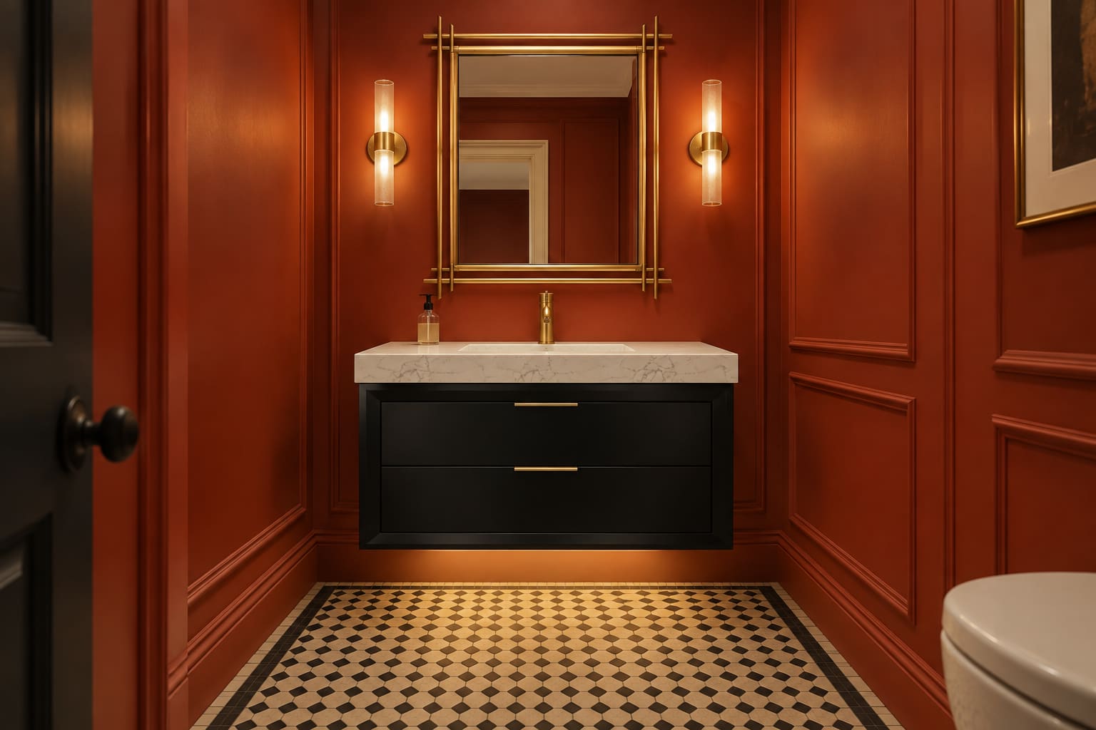 Vermilion powder room with a black floating vanity, gold geometric mirror and small patterned floor tiles.