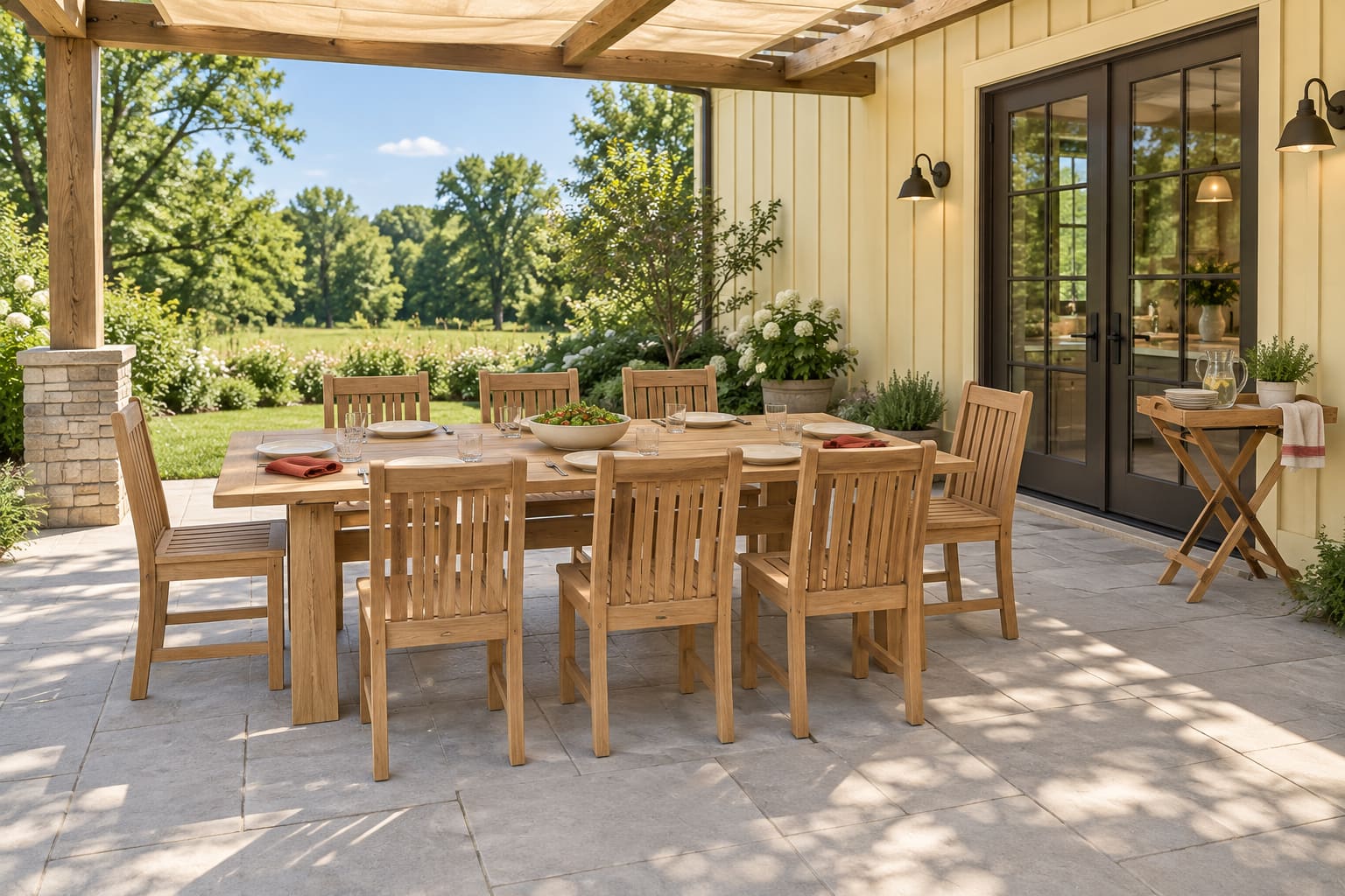 Pergola-covered outdoor dining area with a long teak table, eight slender chairs and a separate serving stand.